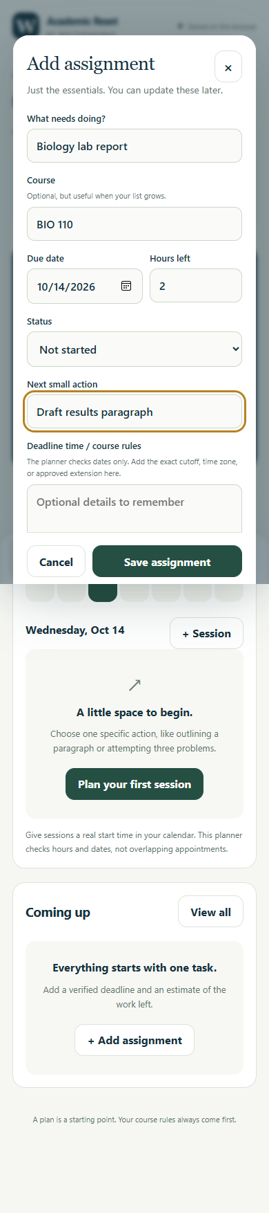 Academic Reset assignment-entry form with a fictional biology report