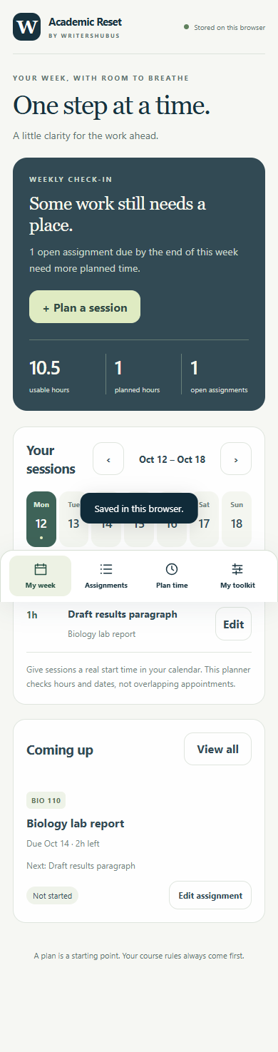 Academic Reset weekly planner with fictional biology assignment and study sessions